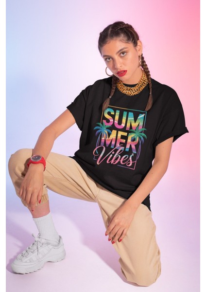 Summer Vibes Tropikal Baskılı Yaz Temalı Unisex Regular Fit Pamuklu Siyah Tişört