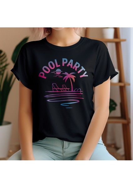 Pool Party Baskılı Yaz Temalı Unisex Regular Fit Pamuklu Siyah Tişört