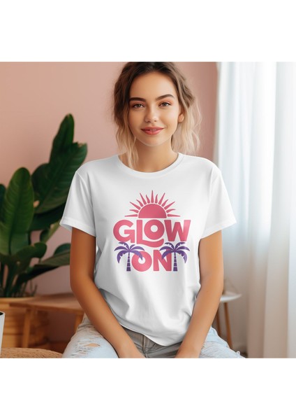 Glow On Baskılı Yaz Temalı Unisex Regular Fit Pamuklu Beyaz Tişört