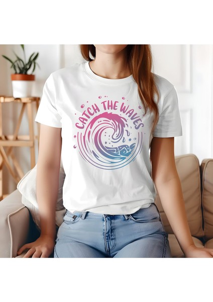 Catch The Waves Baskılı Yaz Temalı Unisex Regular Fit Pamuklu Beyaz Tişört