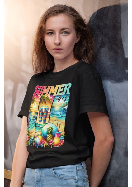 Summer Vibes Plaj Baskılı Yaz Temalı Unisex Regular Fit Pamuklu Siyah Tişört