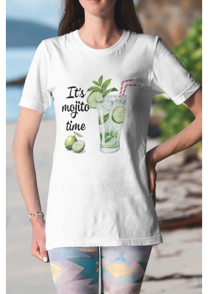 Its Mojito Time Baskılı Yaz Temalı Unisex Regular Fit Pamuklu Beyaz Tişört