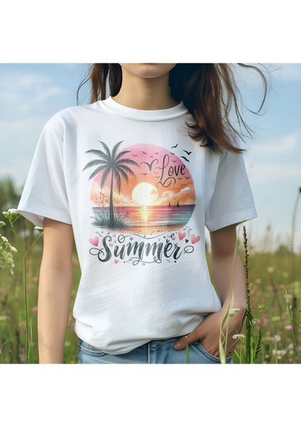 Love Summer Sunset Baskılı Yaz Temalı Unisex Regular Fit Pamuklu Beyaz Tişört