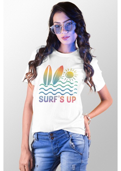Surf's Up Baskılı Yaz Temalı Unisex Regular Fit Pamuklu Beyaz Tişört