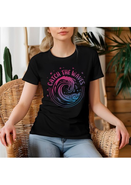 Catch The Waves Baskılı Yaz Temalı Unisex Regular Fit Pamuklu Siyah Tişört