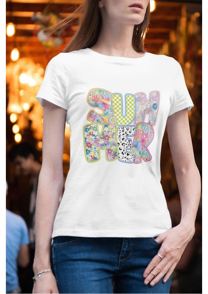 Summer Çiçekler Baskılı Yaz Temalı Unisex Regular Fit Pamuklu Beyaz Tişört