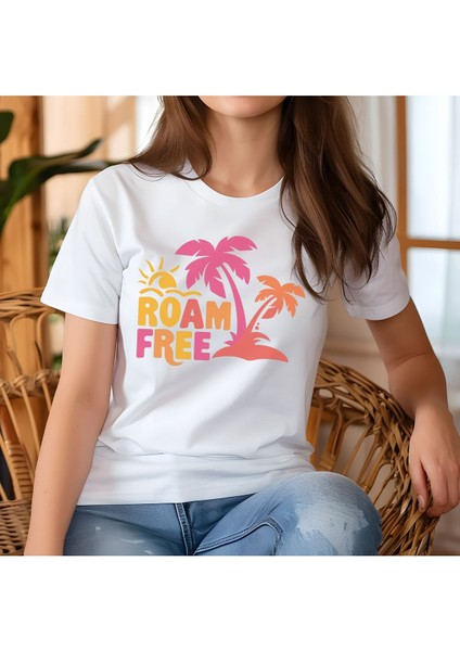 Roam Free Baskılı Yaz Temalı Unisex Regular Fit Pamuklu Beyaz Tişört