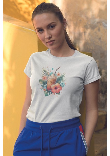 Yaz Kokteyli Baskılıyaz Temalı Unisex Regular Fit Pamuklu Beyaz Tişört