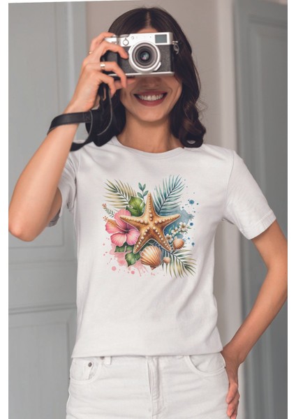 Deniz Yıldızı Baskılıyaz Temalı Unisex Regular Fit Pamuklu Beyaz Tişört