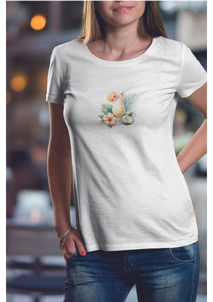 Tropikal Kokteyl Baskılıyaz Temalı Unisex Regular Fit Pamuklu Beyaz Tişört