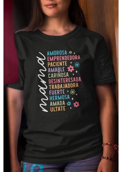 Ispanyolca Anne Quotes Baskılı Anneler Günü Hediyelik Siyah %100 Pamuklu T Shirt
