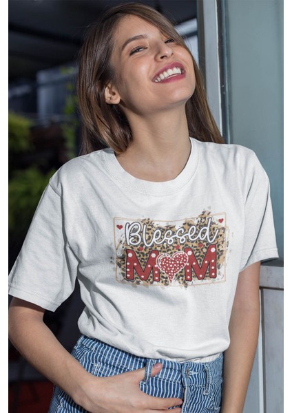 Blessed Mom Baskılı Anneler Günü Hediyelik Beyaz %100 Pamuklu T Shirt