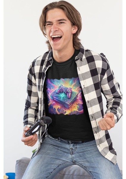 Gamer-Oyuncu Konsol Baskılı Hediyelik Unisex Bisiklet Yaka %100 Pamuklu T-Shirt