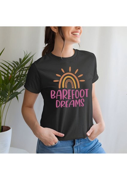 Barefoot Dreams Baskılı Yaz Temalı Unisex Regular Fit Pamuklu Siyah Tişört