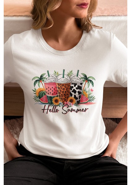 Hello Summer Baskılı Yaz Temalı Unisex Regular Fit Pamuklu Beyaz Tişört