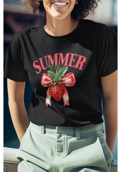 Summer Vibes Çilek Baskılı Yaz Temalı Unisex Regular Fit Pamuklu Siyah Tişört