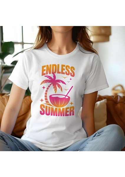 Endless Summer Baskılı Yaz Temalı Unisex Regular Fit Pamuklu Beyaz Tişört