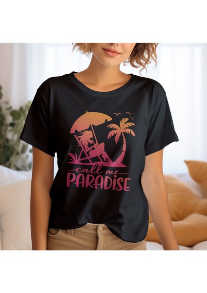 Call Me Paradise Baskılı Yaz Temalı Unisex Regular Fit Pamuklu Siyah Tişört