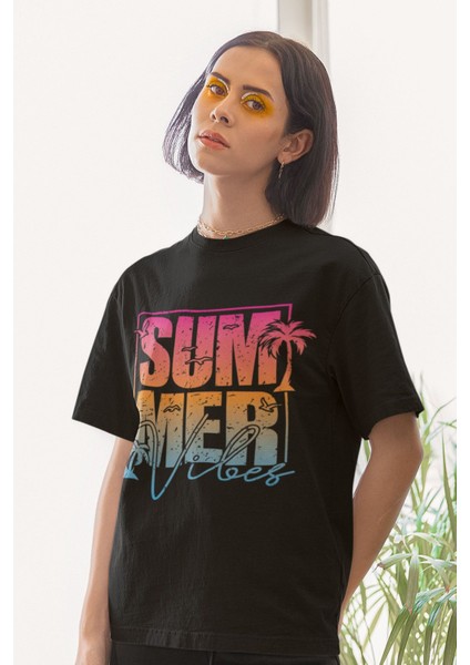 Retro Summer Vibes Palmiye Baskılı Yaz Temalı Unisex Regular Fit Pamuklu Siyah Tişört