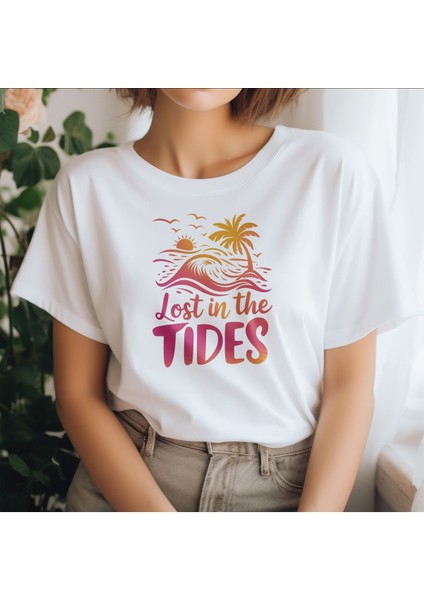Lost In The Tides Baskılı Yaz Temalı Unisex Regular Fit Pamuklu Beyaz Tişört