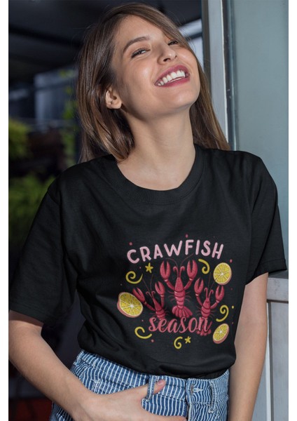 Crawfish Season Preppy Baskılı Yaz Temalı Unisex Regular Fit Pamuklu Siyah Tişört