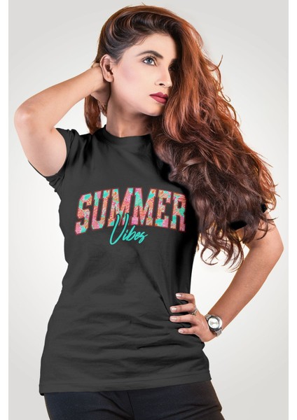 Summer Vibes Turkuaz Yaz Temalı Baskılı Unisex Regular Fit Pamuklu Siyah Tişört