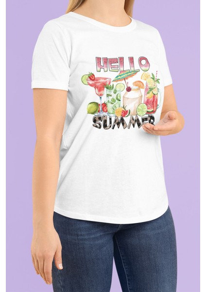 Hello Summer Baskılı Yaz Temalı Unisex Regular Fit Pamuklu Beyaz Tişört