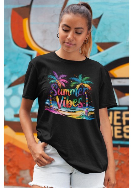 Summer Vibes Renkli Palmiyeler Baskılı Yaz Temalı Unisex Regular Fit Pamuklu Siyah Tişört
