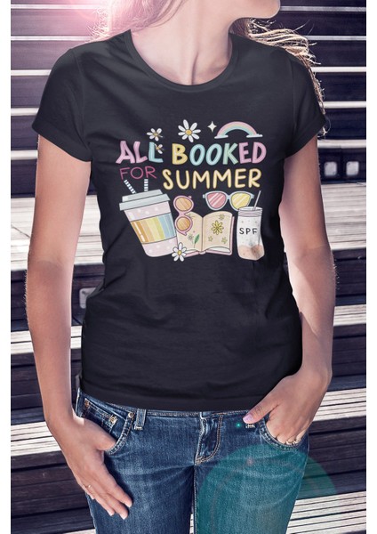 All Booked For Summer Baskılı Yaz Temalı Unisex Regular Fit Pamuklu Siyah Tişört