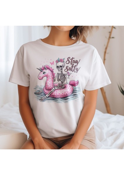Sray Salty Baskılı Yaz Temalı Unisex Regular Fit Pamuklu Beyaz Tişört