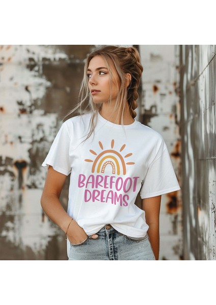 Barefoot Dreams Baskılı Yaz Temalı Unisex Regular Fit Pamuklu Beyaz Tişört