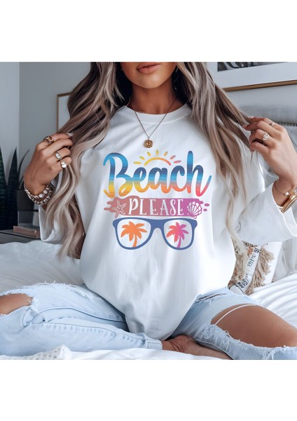 Beach Please Baskılı Yaz Temalı Unisex Regular Fit Pamuklu Beyaz Tişört