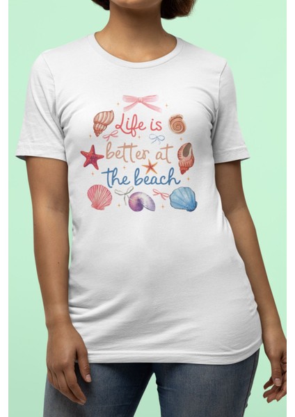 Life Is Better At The Beach Baskılı Yaz Temalı Unisex Regular Fit Pamuklu Beyaz Tişört