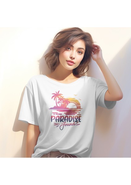 Paradıse Found Baskılı Yaz Temalı Unisex Regular Fit Pamuklu Beyaz Tişört