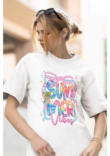 Coquette Summer Vibes Baskılı Yaz Temalı Unisex Regular Fit Pamuklu Beyaz Tişört
