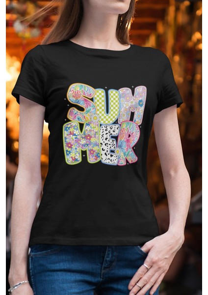 Summer Çiçekler Baskılı Yaz Temalı Unisex Regular Fit Pamuklu Siyah Tişört
