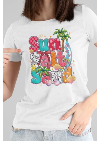 Summer Salt Sand Baskılı Yaz Temalı Unisex Regular Fit Pamuklu Beyaz Tişört