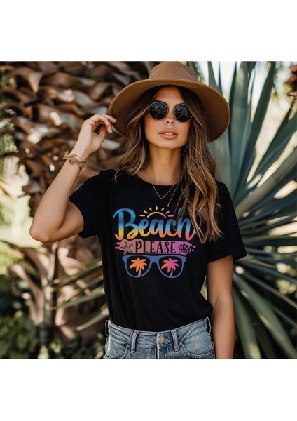 Beach Please Baskılı Yaz Temalı Unisex Regular Fit Pamuklu Siyah Tişört