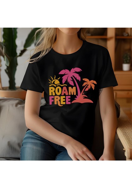 Roam Free Baskılı Yaz Temalı Unisex Regular Fit Pamuklu Siyah Tişört