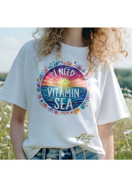 I Need Vitamin Sea Baskılıyaz Temalı Unisex Regular Fit Pamuklu Beyaz Tişört