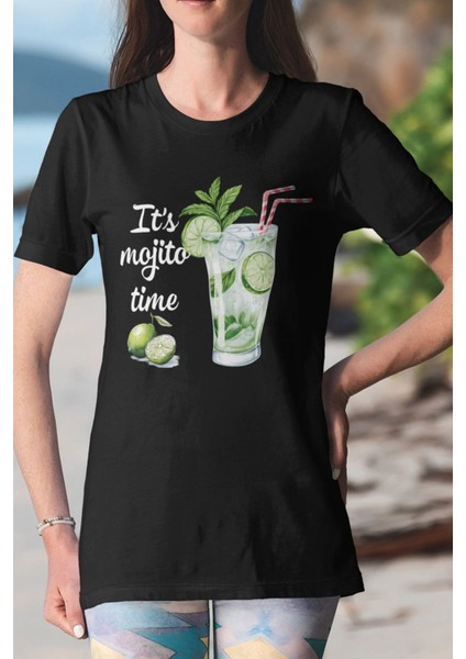 Its Mojito Time Baskılı Yaz Temalı Unisex Regular Fit Pamuklu Siyah Tişört