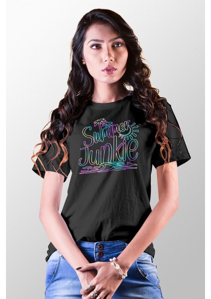 Summer Junkie Baskılı Yaz Temalı Unisex Regular Fit Pamuklu Siyah Tişört