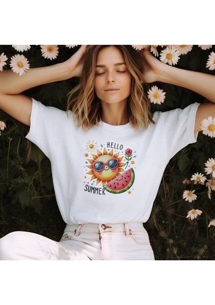 Hello Summer Baskılıkarpuz Güneş Yaz Temalı Unisex Regular Fit Pamuklu Beyaz Tişört