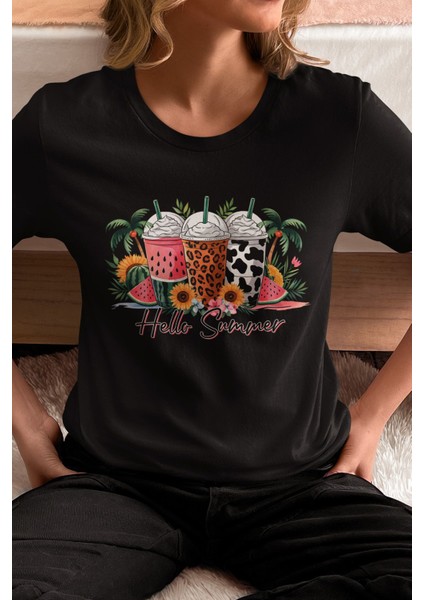 Hello Summer Baskılı Yaz Temalı Unisex Regular Fit Pamuklu Siyah Tişört