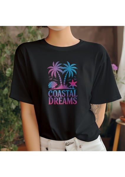 Coastal Dreams Baskılı Yaz Temalı Unisex Regular Fit Pamuklu Siyah Tişört