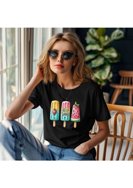 Hello Summer Dondurma Baskılı Unisex Regular Fit Pamuklu Siyah Tişört
