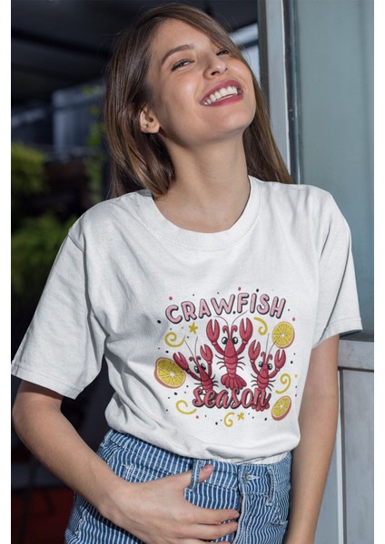Crawfish Season Preppy Baskılı Yaz Temalı Unisex Regular Fit Pamuklu Beyaz Tişört