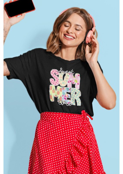 Sweet Summer Time Baskılı Yaz Temalı Unisex Regular Fit Pamuklu Siyah Tişört