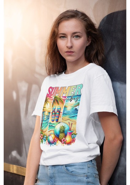 Summer Vibes Plaj Baskılı Yaz Temalı Unisex Regular Fit Pamuklu Beyaz Tişört