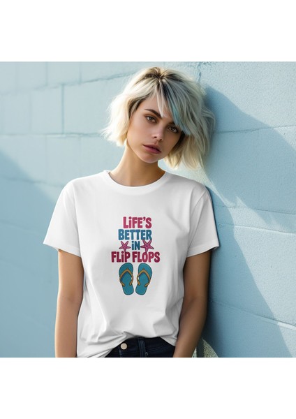 Lıfe's Better In Flıp Flops Baskılı Yaz Temalı Unisex Regular Fit Pamuklu Beyaz Tişört